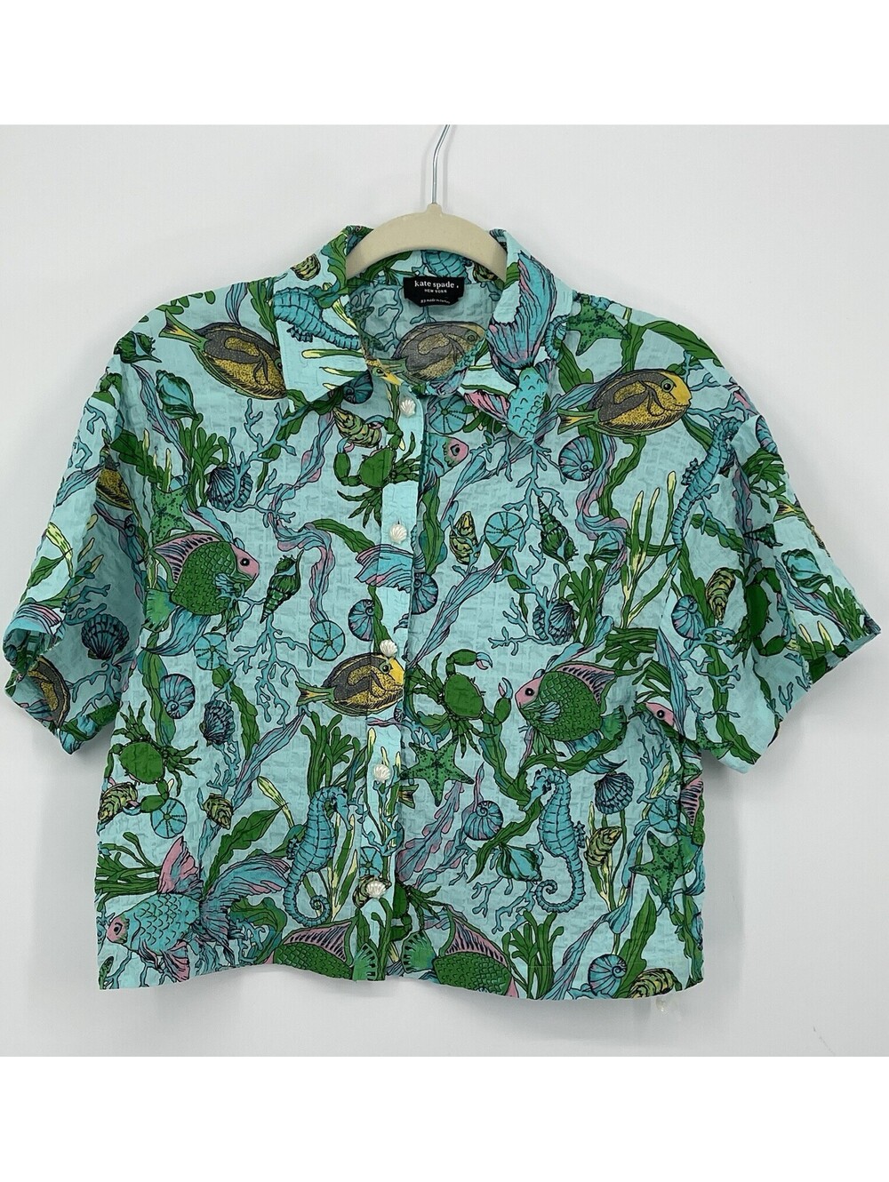 Kate Spade New York XS Under the Sea Fish Print Button Up Shirt Cotton